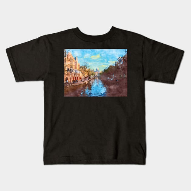 Amsterdam canal boats watercolor art painting Kids T-Shirt by Aziz